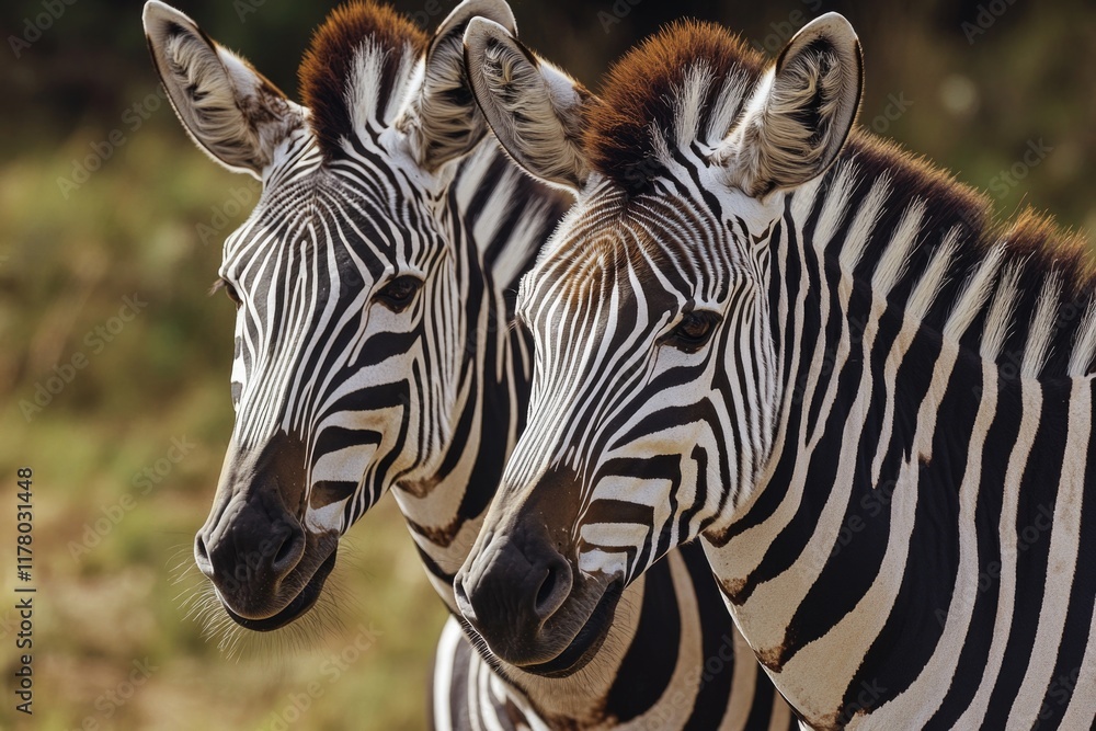 Naklejka premium Two zebras standing side by side in a natural environment