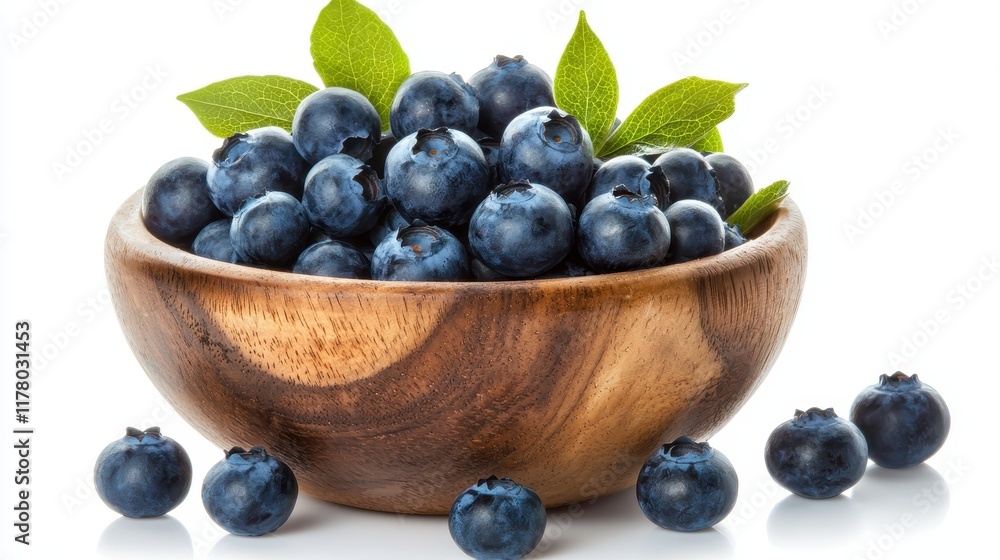 A bowl of fresh blueberries with a vibrant blue color on a white isolated background A bowl of fresh blueberries with a vibrant blue color on a white isolated background