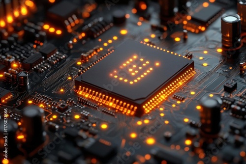 an intricate closeup showcases an ai chip embedded in a complex circuit board highlighting the fusion of technology and innovation with detailed textures and vibrant colors photo