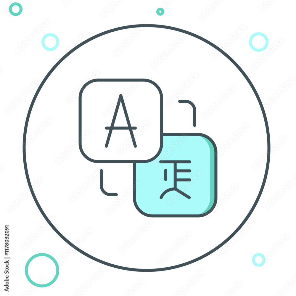 Obraz premium Line Translator icon isolated on white background. Foreign language conversation icons in chat speech bubble. Translating concept. Colorful outline concept. Vector