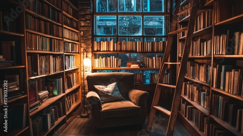 Luxury old library interior at night, dark empty room for reading with books on wooden shelves, ladder, cozy armchair, glowing floor lamp and closed window, athenaeum place Cartoon vector illustration