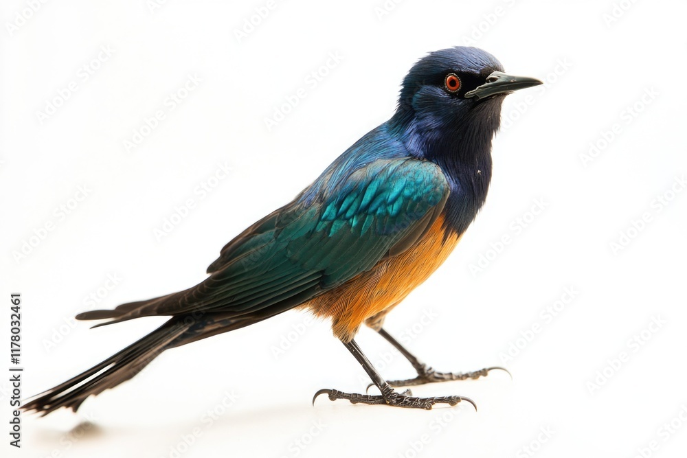 Fototapeta premium A vibrant bird sits on a clean white surface, ready for use in various designs