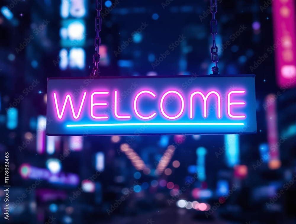 Neon Welcome Sign Background with Vibrant Urban Cityscape at Night Neon Welcome Sign Background with Vibrant Urban Cityscape at Night