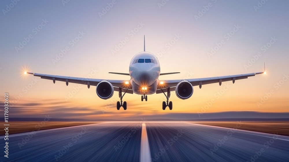 Majestic Airplane Landing at Sunset Over a Tranquil Runway Majestic Airplane Landing at Sunset Over a Tranquil Runway