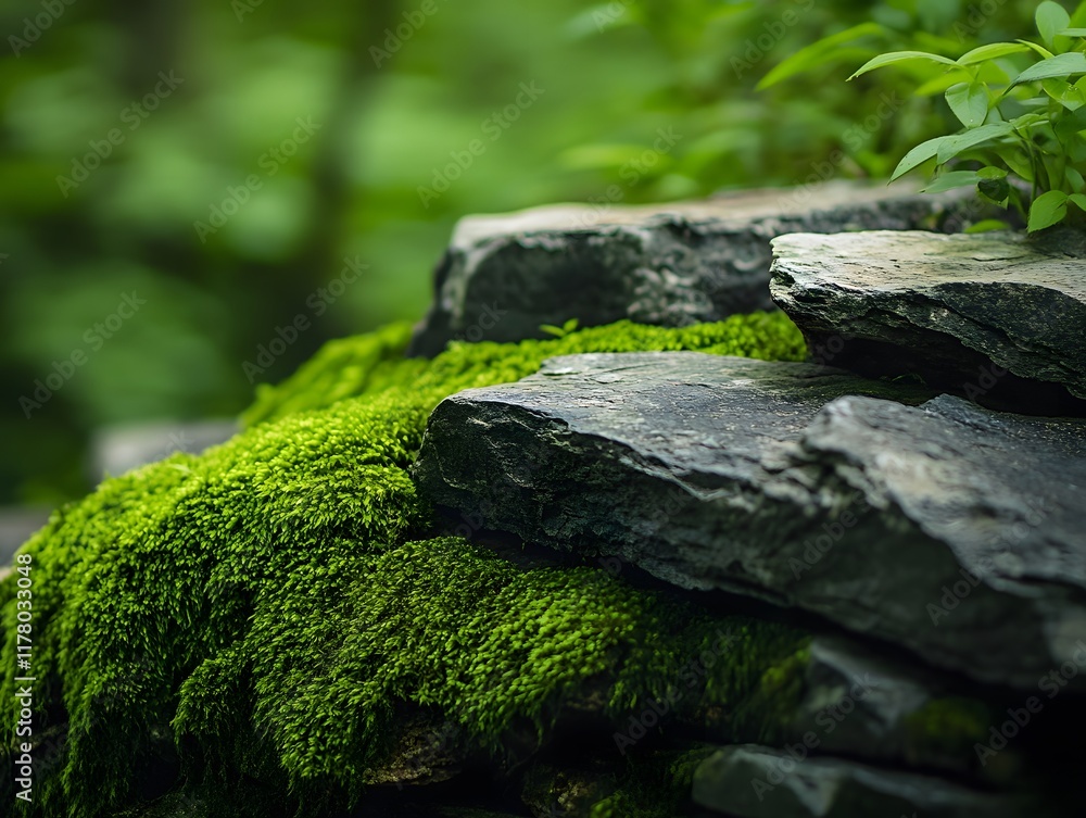 Old green moss gently spreading over weathered stones