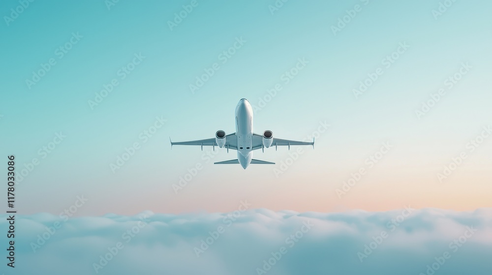 Fototapeta premium Majestic Airplane Flying Above Soft Clouds at Sunset