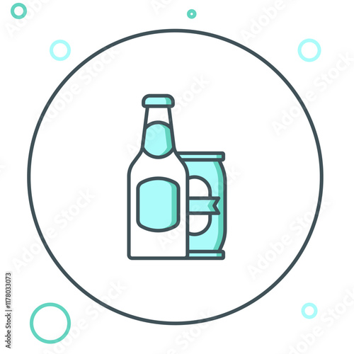 Line Beer bottle and beer can icon isolated on white background. Colorful outline concept. Vector