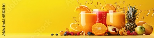 Fresh fruit juices in vibrant glasses against a sunny yellow background with assorted fruits