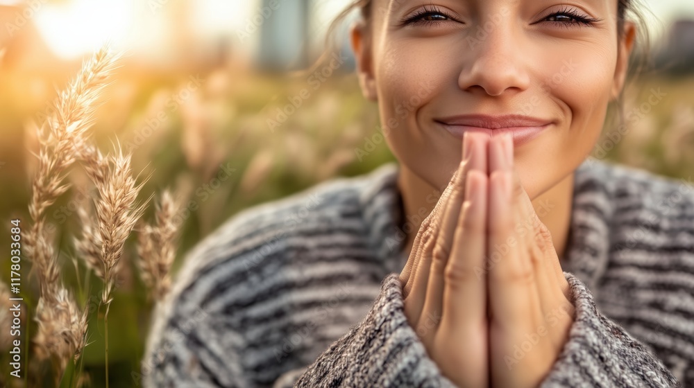 With a serene smile, a person meditates in a sunlit field during spring, embodying peace and contemplation in the vibrant embrace of nature's renewal With a serene smile, a person meditates in a sunlit field during spring, embodying peace and contemplation in the vibrant embrace of nature's renewal