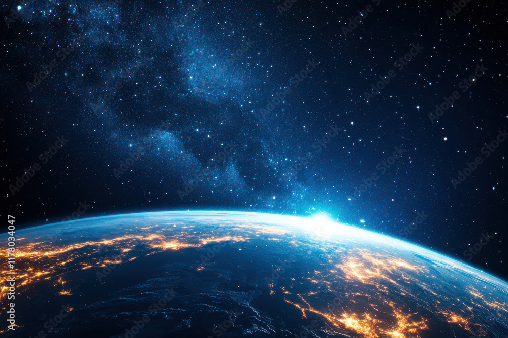 Naklejka premium A satellite orbiting Earth against a backdrop of space, showcasing solar panels and the beauty of our planet below.