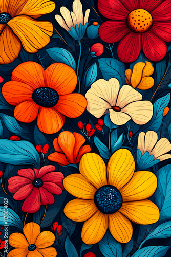 Wallpaper Mural A bunch of colorful flowers on a dark blue background Torontodigital.ca