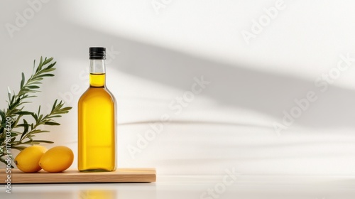 Golden olive oil bottle alongside fresh lemons and herbs creates a vibrant kitchen still life photo