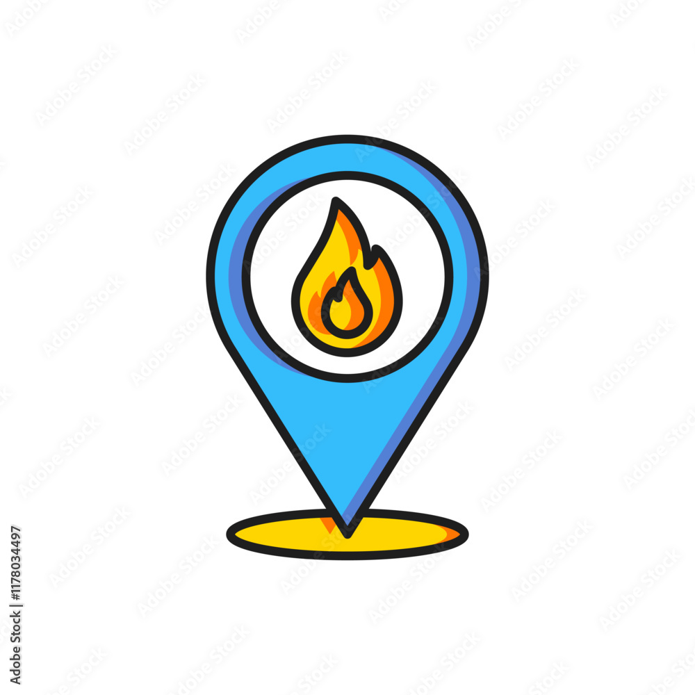 Color Map pointer with fire flame icon isolated on white background. Fire nearby. Flat filled outline style with shadow. Vector Color Map pointer with fire flame icon isolated on white background. Fire nearby. Flat filled outline style with shadow. Vector