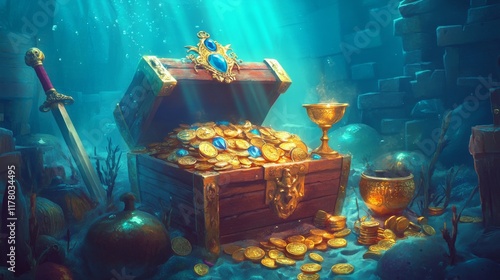 Treasure on sea bottom, chest with golden coins and crown, crystal gems, sword, gold idol and goblet with precious rocks, ancient pirate or fantasy sunken wealth in ocean, Cartoon vector illustration photo