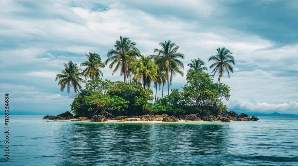 Naklejka premium Island in ocean, uninhabited secret pirate isle with beach, palm trees, jungle lianas and rocks at sea under cloudy sky. Tropical landscape, empty land, game background, Cartoon vector illustration