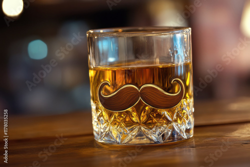 A stylish glass with a mustache design, filled with amber-colored whiskey, resting on a wooden table. photo