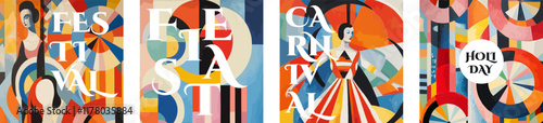 Carnival and Festival creative retro art square banner set. Fiesta and Holiday vintage typography print designs. Promo flyer with inscription on colorful abstract pattern. Modern trendy cover. Eps