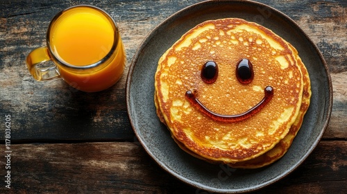 Happy face pancakes breakfast with orange juice