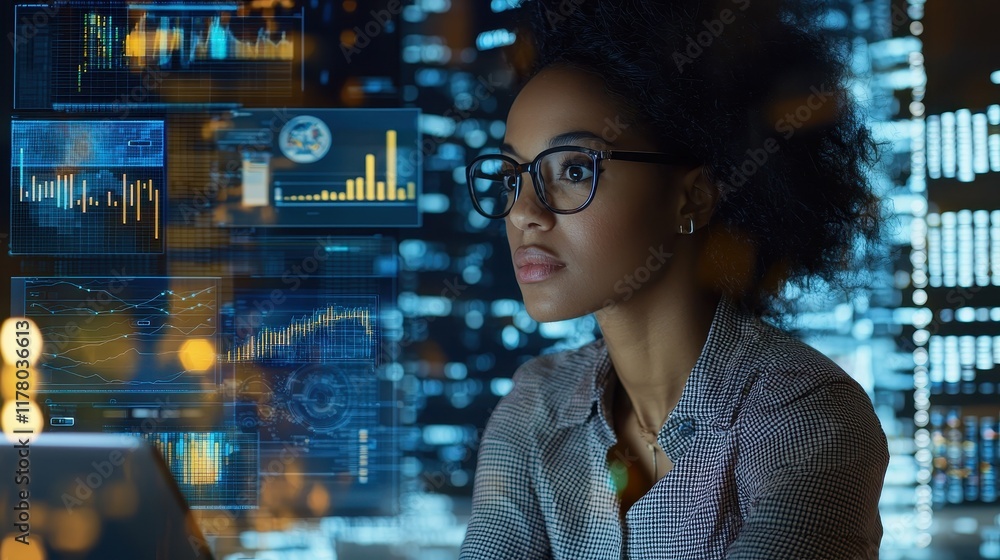 A businesswoman working on a laptop with a chart and digital documents on the screen A businesswoman working on a laptop with a chart and digital documents on the screen