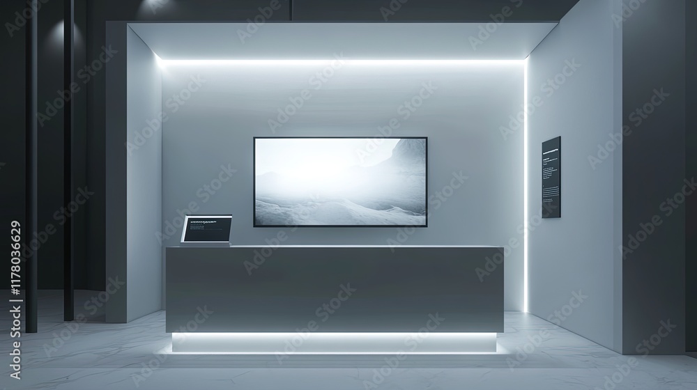 Empty modern reception desk in dark office.