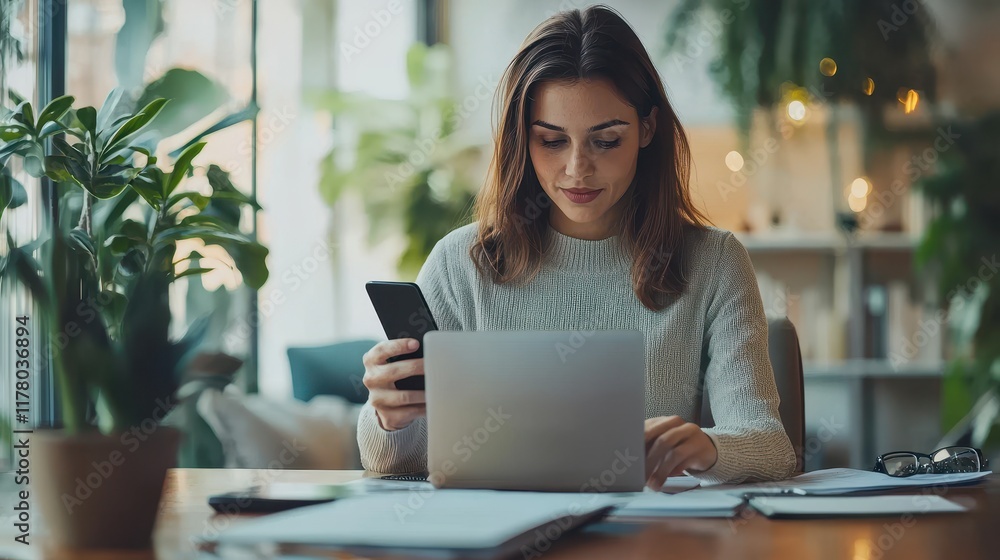 A businesswoman holding a smartphone while working on a laptop with business reports on a desk A businesswoman holding a smartphone while working on a laptop with business reports on a desk