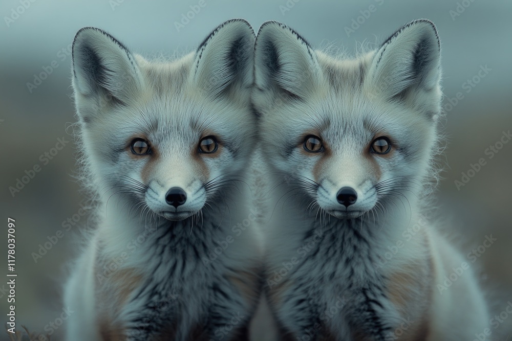 Obraz premium Two foxes sit side by side, their bushy tails entwined