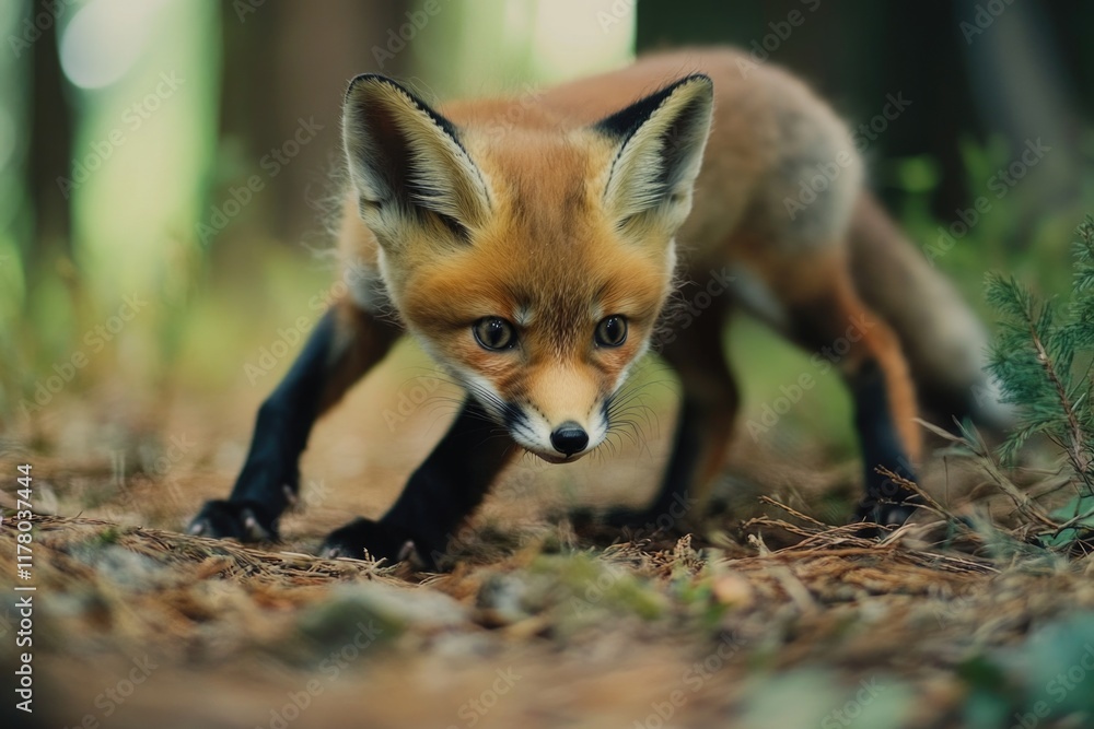 Fototapeta premium A red fox walks through a dense forest, looking directly at the camera