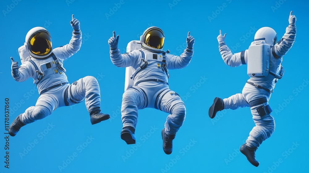Cute little spaceman in suit and helmet in different poses. Vector cartoon set of astronaut character in spacesuit lying, run, jump, show thumb up and waving isolated on blue background Cute little spaceman in suit and helmet in different poses. Vector cartoon set of astronaut character in spacesuit lying, run, jump, show thumb up and waving isolated on blue background