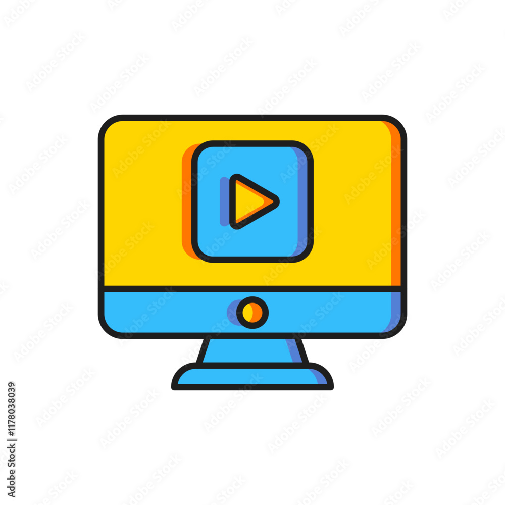 Color Online play video icon isolated on white background. Computer monitor and film strip with play sign. Flat filled outline style with shadow. Vector Color Online play video icon isolated on white background. Computer monitor and film strip with play sign. Flat filled outline style with shadow. Vector