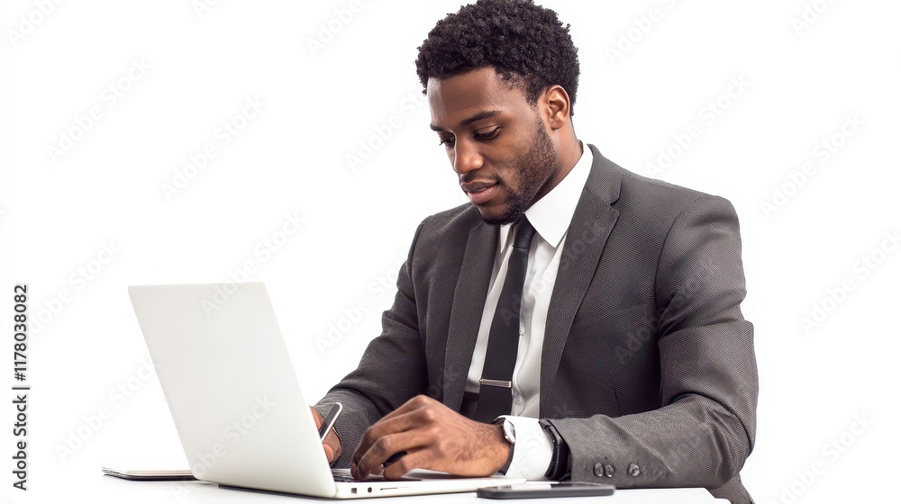 A businessman reviewing business charts on a laptop with a smartphone beside him on a white isolated background A businessman reviewing business charts on a laptop with a smartphone beside him on a white isolated background