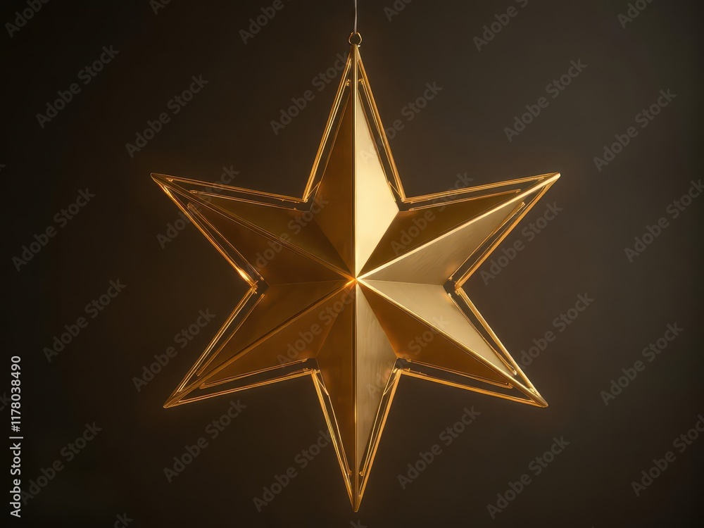 Obraz premium Golden star-shaped light fixture hangs against a dark backdrop, glamour, bright