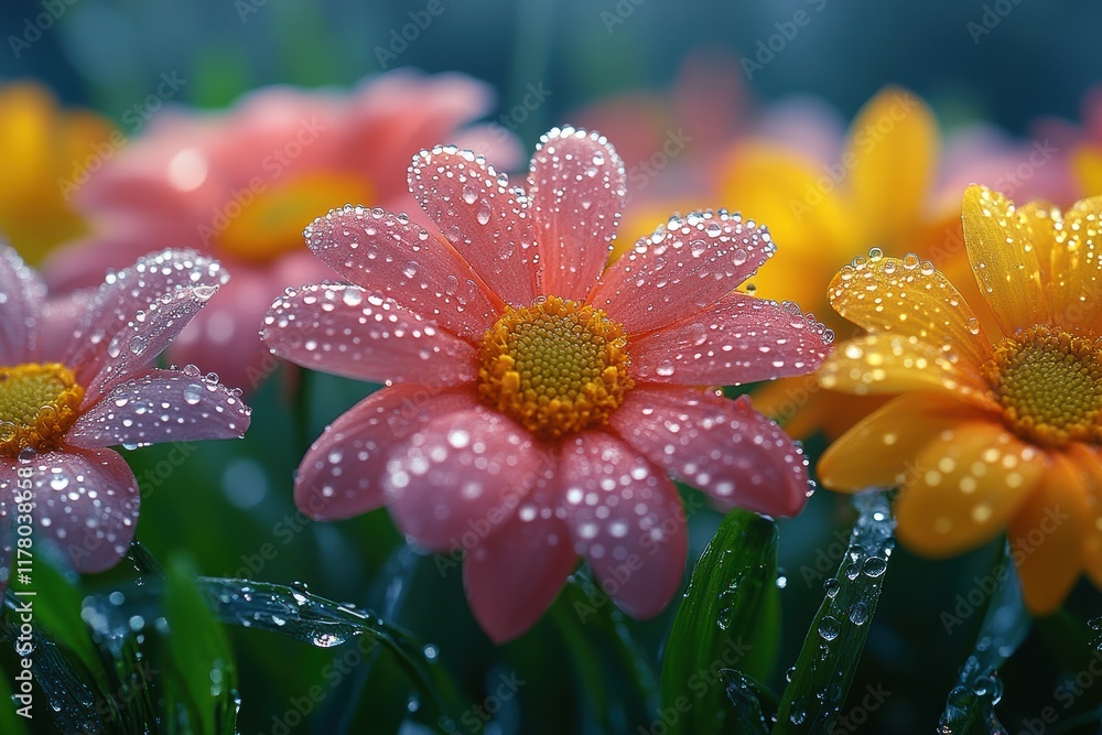 Fototapeta premium Dewdrops glisten on vibrant flowers and fresh grass in early morning light