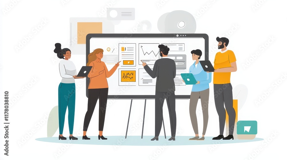 A marketing team discussing digital ad strategies in front of a large whiteboard on a white isolated background A marketing team discussing digital ad strategies in front of a large whiteboard on a white isolated background