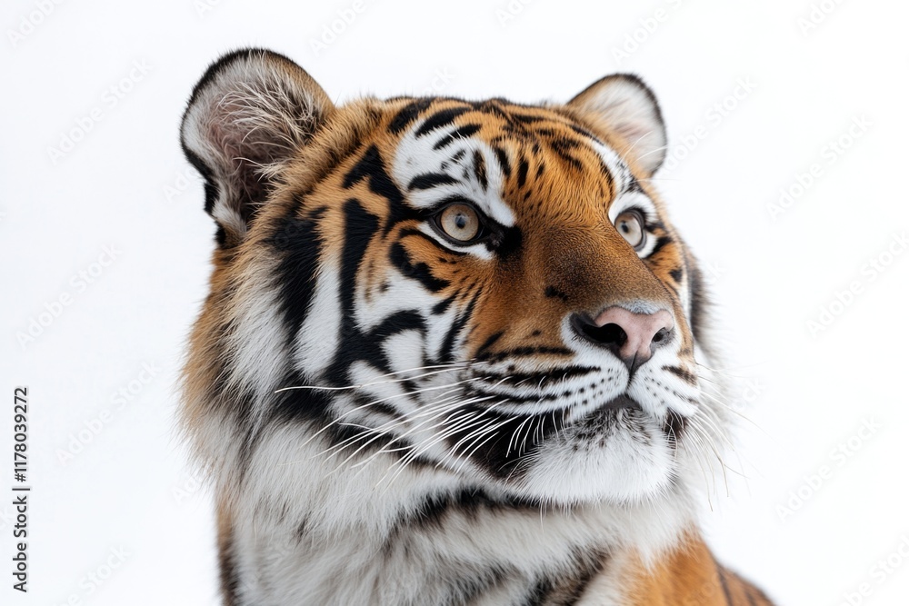 Fototapeta premium A close-up shot of a tiger's face on a white background, great for wildlife or nature-themed projects