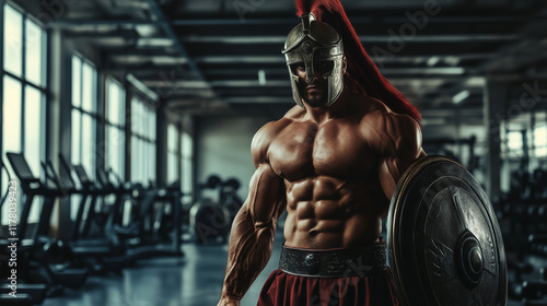 ancient spartan warrior soldier doing bodybuilding workout in modern fitness gym