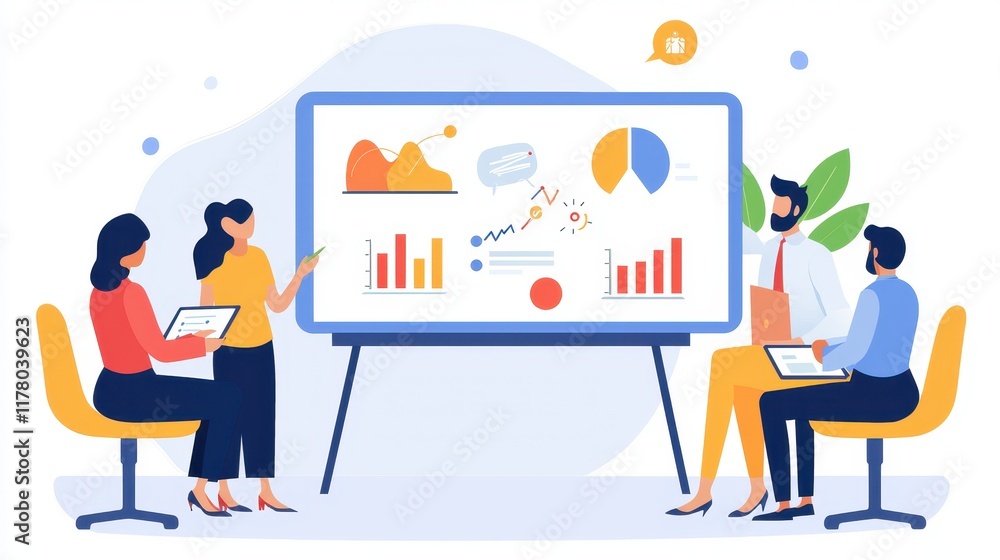 A creative team in a meeting discussing advertising strategies with charts and digital devices on a white isolated background A creative team in a meeting discussing advertising strategies with charts and digital devices on a white isolated background