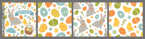Happy Easter seamless patterns set. Holiday collection of backgrounds with eggs, chickens, bunnies and flowers on white background. Vector flat illustration for wallpaper, textile, packaging