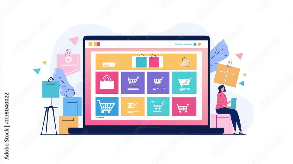 A person watching a digital advertisement video on a laptop screen with product details and prices on a white isolated background A person watching a digital advertisement video on a laptop screen with product details and prices on a white isolated background