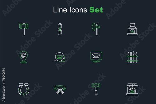 Set line Blacksmith oven, Hammer, Crossed hammer, Horseshoe, Classic iron fence, anvil tool, and icon. Vector