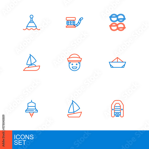 Set line Inflatable boat with motor, Yacht sailboat, Ship bell, Folded paper, Sailor, Nautical rope knots and Marine bollard icon. Vector