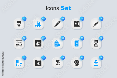 Set Skull, Blood test, Hospital building, pressure, Bottle of medicine syrup, DNA symbol, Ethnoscience and Patient record icon. Vector