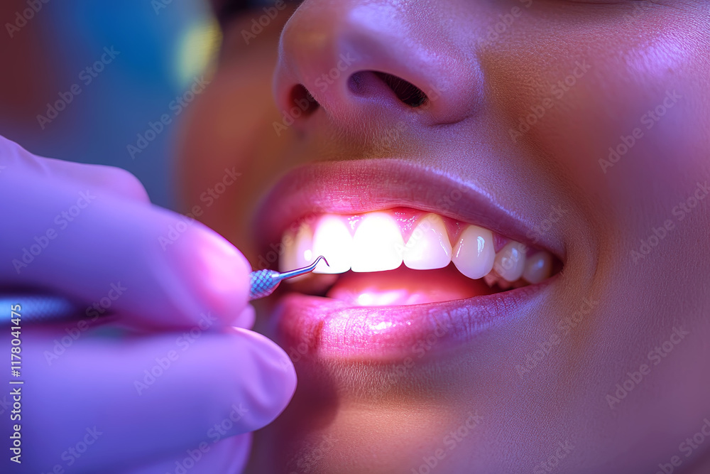 Obraz premium Teeth Whitening Procedure Close-Up Advanced Cosmetic Dentistry UV Light Treatment
