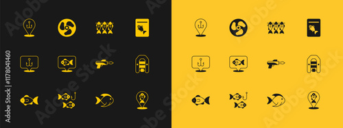 Set Served fish on plate, Fishing hook with, harpoon, Location fishing, Dried, and Outboard boat motor icon. Vector