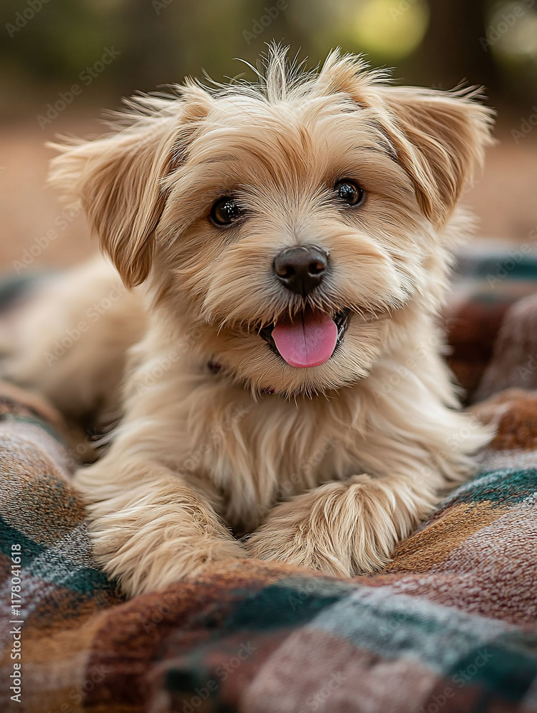 Adorable fluffy puppy resting on plaid blanket. Adorable fluffy puppy resting on plaid blanket.