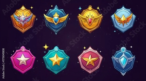 Medal and badge with star and wings for game ui level rank design. Cartoon vector illustration set of various colorful hexagon gui award labels and trophy for achievement. Medieval reward emblem. photo