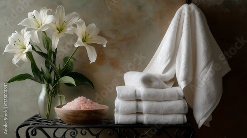 stack of fluffy white towels draped over a wrought iron rack, with a bowl of pink Himalayan salt and a vase of lilies nearby photo