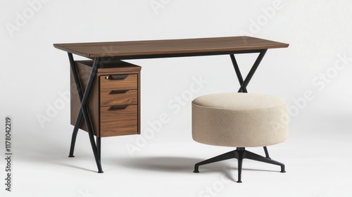 Mid-century modern desk, stool, white studio, home office setup photo