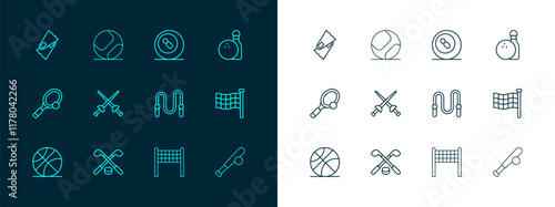 Set line Bowling pin and ball, Ice hockey sticks puck, Jump rope, Volleyball net, Fencing, Billiard pool snooker, Flippers for swimming and Baseball icon. Vector