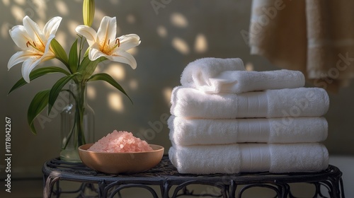 stack of fluffy white towels draped over a wrought iron rack, with a bowl of pink Himalayan salt and a vase of lilies nearby photo