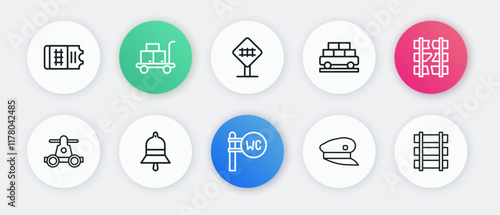 Set line Toilet, Broken or cracked railway, Handcar transportation, Train driver hat, Cargo train wagon, Railroad crossing, Railway, railroad track and station bell icon. Vector